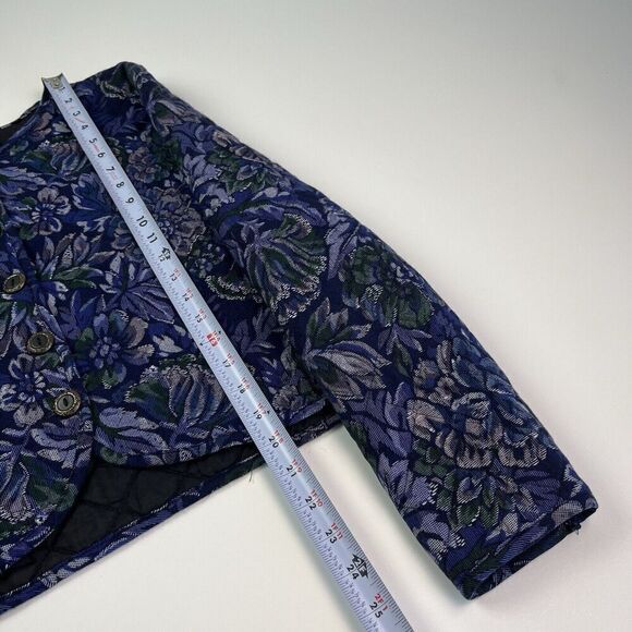 Vintage First Option Floral Diamond Quilted Crop Jacket M Blue Cottagecore Boho - Picture 7 of 9